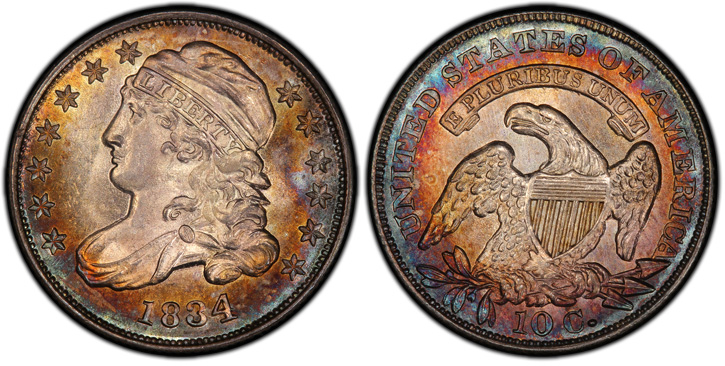 1834 Capped Bust Dime. JR-5. Large 4. MS-67+ (PCGS).